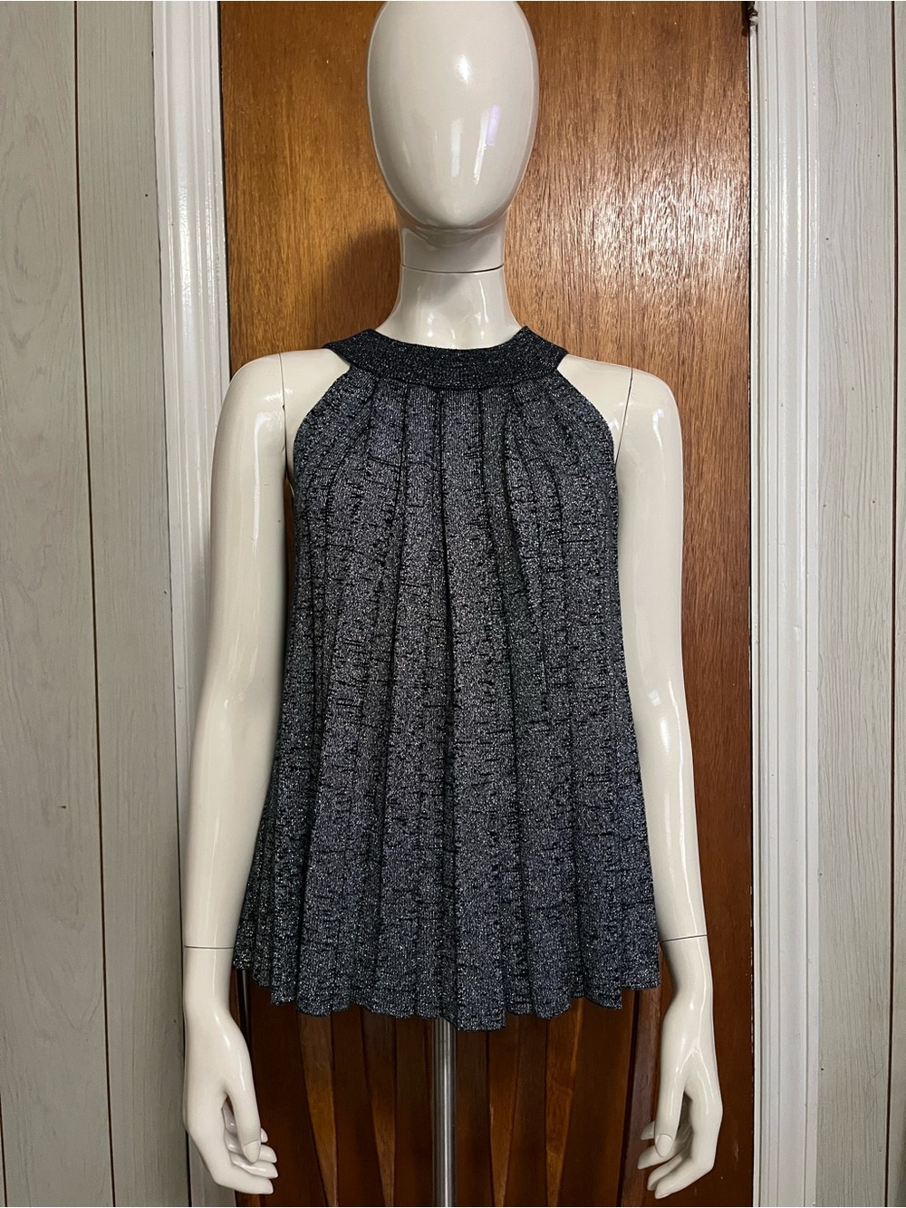Lola Sleeveless Pleated Metallic-Thread Tank Top - Black/Silver